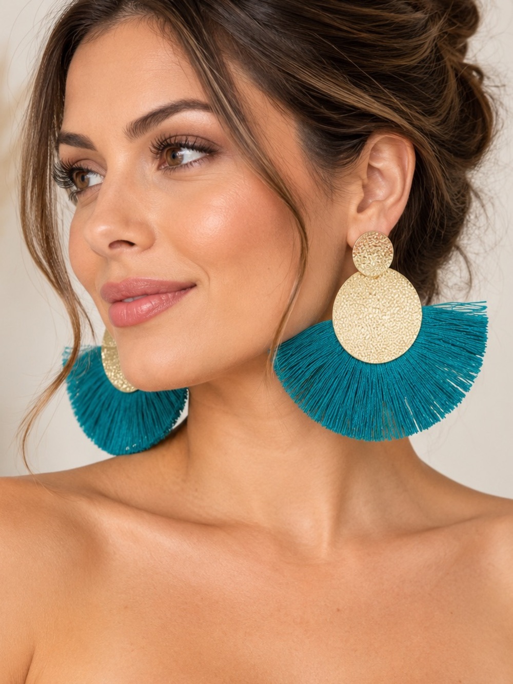 Oversized Teal Fringe Fan Gold Statement Earrings Boho Resort